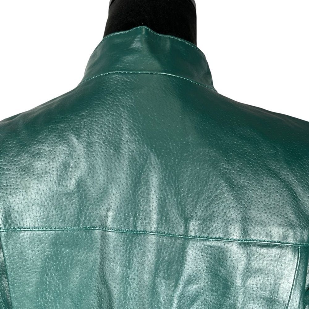 Metrostyle Green Leather Jacket Coat Long Trench A-line Glossy Women’s Size 10 - Picture 7 of 14
